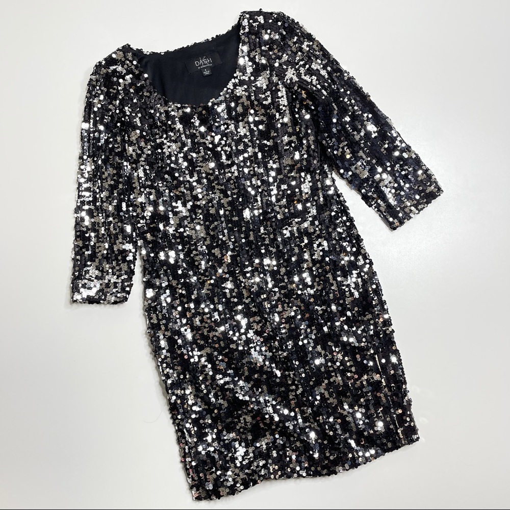 DASH Kardashian long sleeve mini sequin dress silver black sz 4